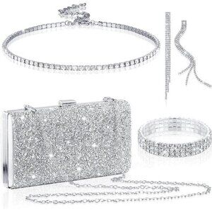 Kigeli 4 Pieces Women Rhinestone Evening Clutch Bag Bling Earring Necklace